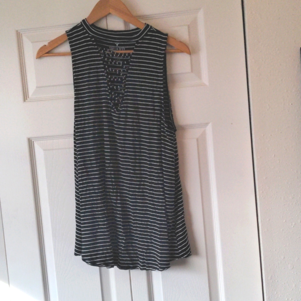 AEO Soft And Sexy Tank Top - Large - Black and White Stripes